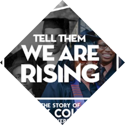 A design with photos of a variety of students with the text "We are Rising" in large bold letters.