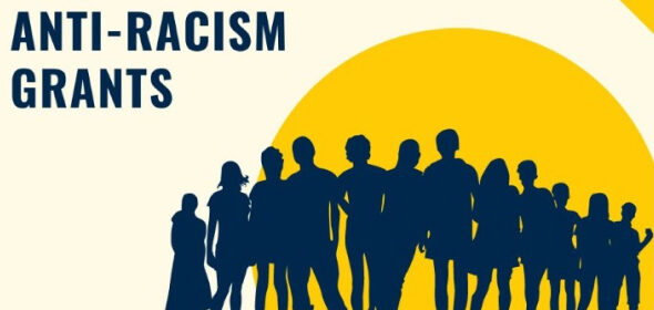 An illustration of silhouetted people standing in a line with the words "Anti-Racism Grants" in large, bold type